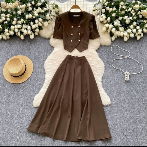 Double Breasted Half Sleeves Blazer Blouse With Skirts Sets